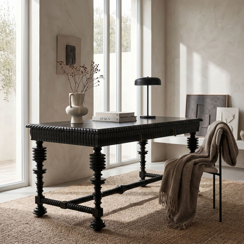 Portuguese Solid Wood Writing Desk, Hand Rubbed Black