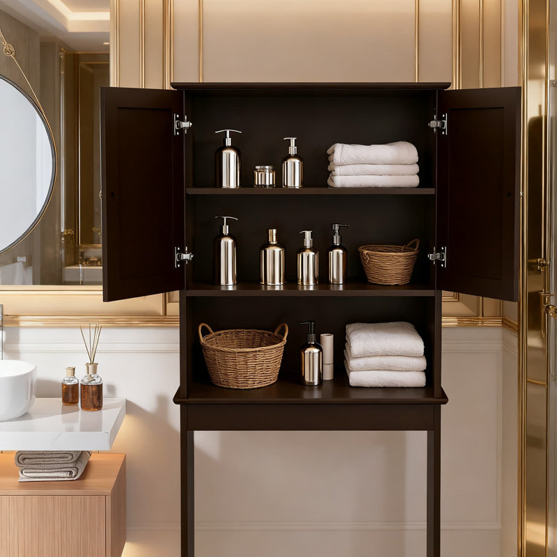 Over The Toilet Storage Cabinet With Adjustable Shelves And Barn Door, Space Saving Bathroom Organizer For Toiletries And Towels, Sturdy Wood Construction