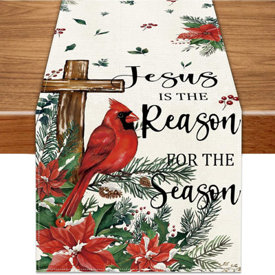 Christmas Cardinal Bird Table Runner 13X72 Inch,Winter Poinsettias Cross Plants Seasonal Holiday Kitchen Dining Tabletop Runner For Home Indoor Farmhouse