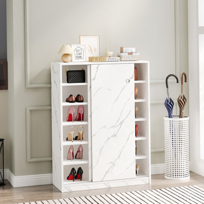 Armoire à chaussures avec porte coulissante - Finition marbre blanc, 6 couches pour plus de 30 paires de couches de bottes de fourrure