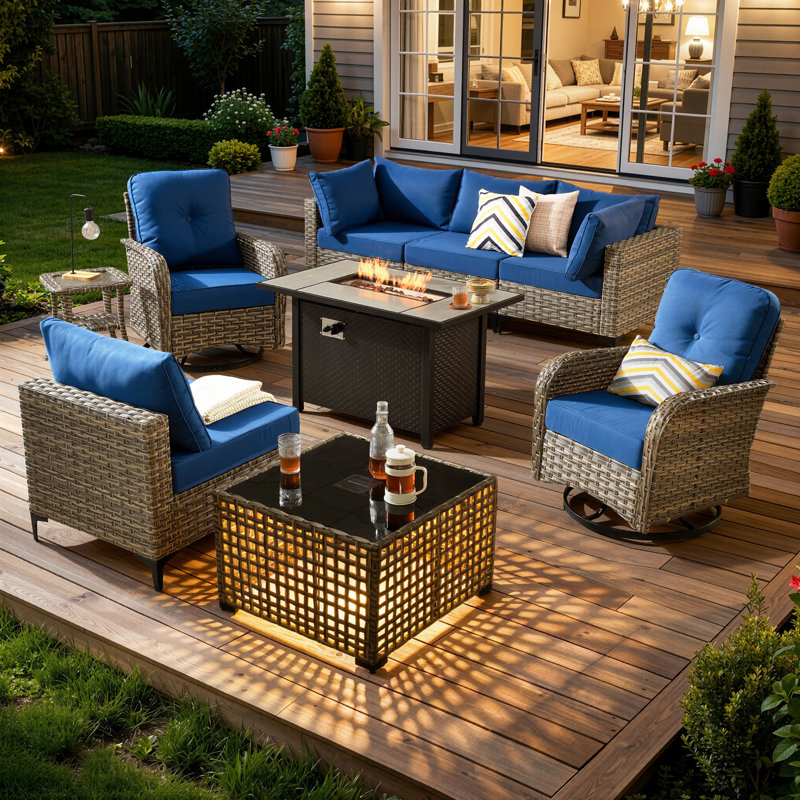 6 Seats High Quality Pe Rattan Outdoor Furniture Sofa With Rocking Chair And Stove, Can Be Freely Combined, Navy