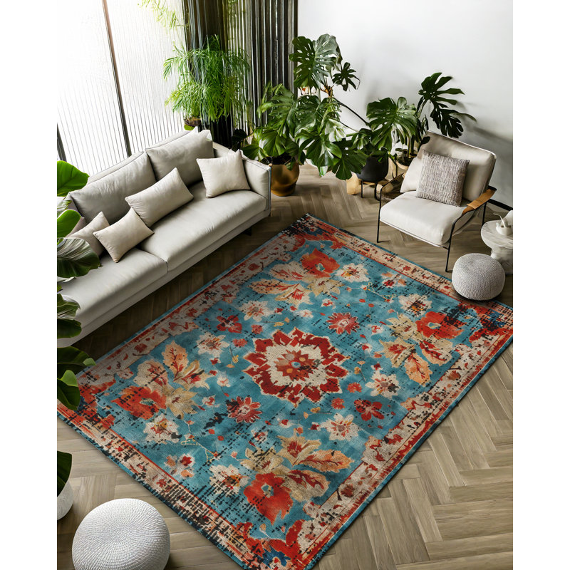 Larissa Collection Digital Print Cotton-Polyester Blend Rug – Teal, Runner 2'8" x 8'3"
