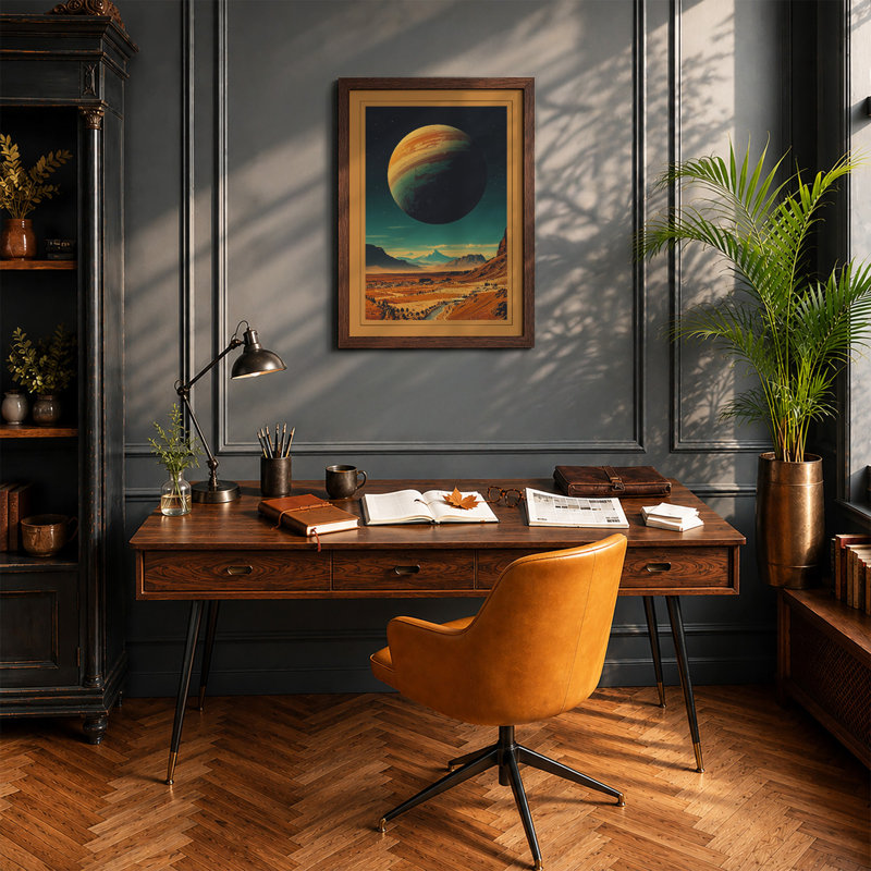 Alien Planet Rise Retro - Framed Print, A2 - 59.4 x 42.0 cm, Walnut