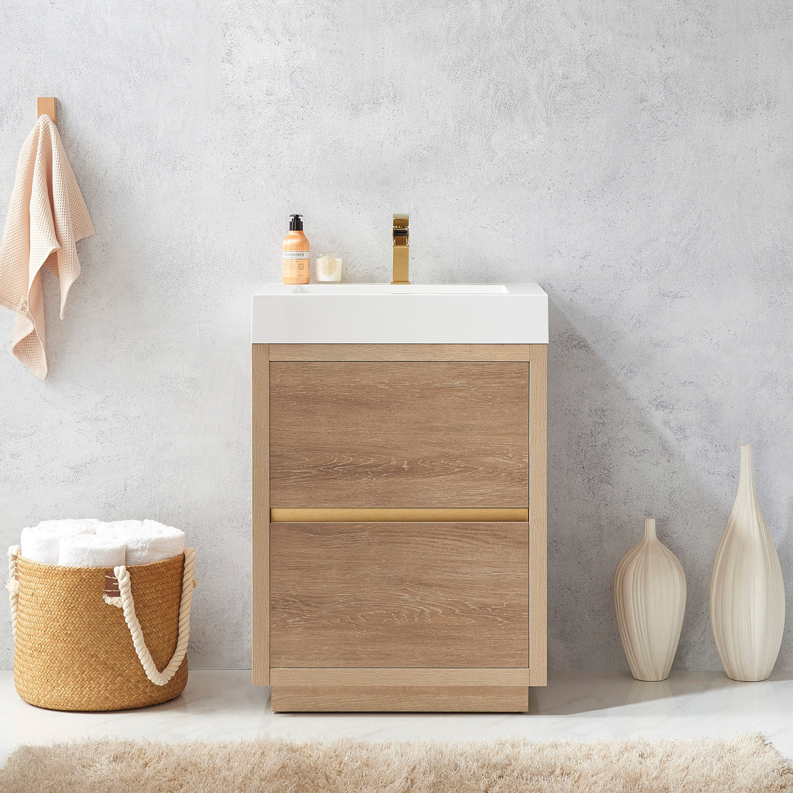 Beira 24'' Single Bathroom Vanity, North American Oak, White