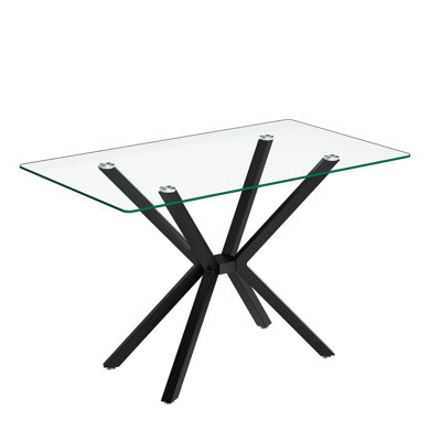 Table de salle à manger de 47,24 po rectangulaire en verre trempé transparent, design élégant avec pieds en métal noir, table de cuisine pour la salle à manger