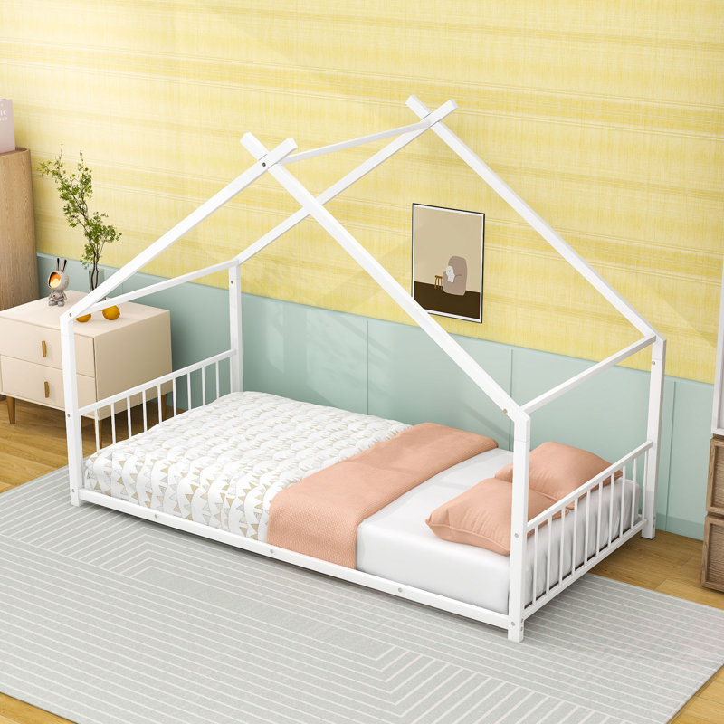 Metal Playhouse Bed With Roof And Slats, Twin, White