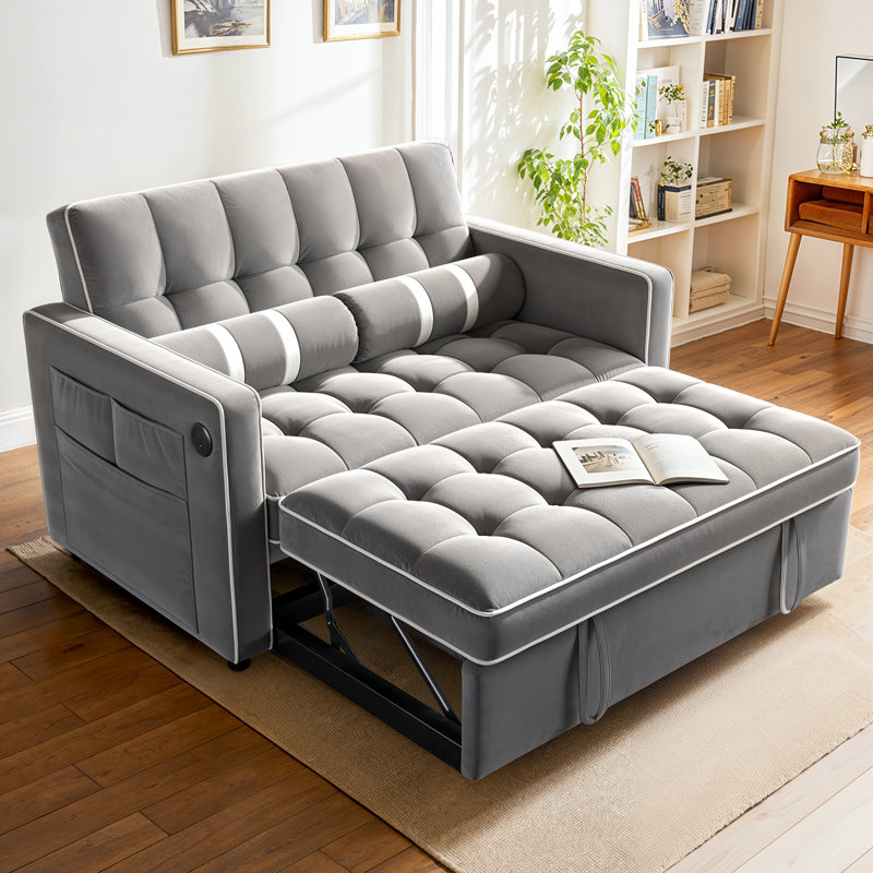 Brittany  3 in 1 Pull Out Sofa Bed with Adjustable Backrest, 70" Convertible Loveseat Velvet Sleeper Sofa with USB Port, Side Pockets & Cylinder Pillows for Living Room Apartment