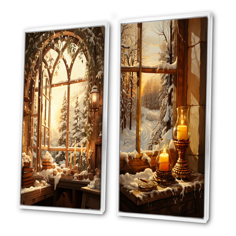 «Christmas Winter Window View I - Winter Landscape», ensemble de 2 impressions sur toile, Cadre flottant blanc