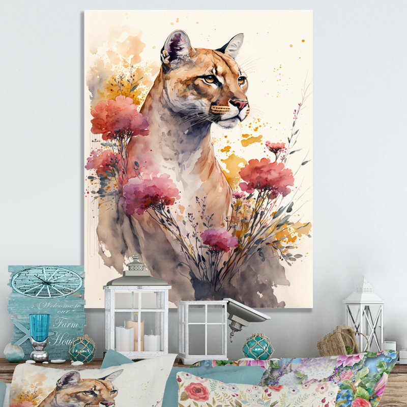«Cute Puma Floral Art III», peinture sur toile, H 20 po x l 12 po x P 1 po, Toile tendue