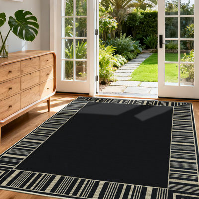 Tapis d'extérieur, conception décontractée avec bordure rayée, tapis résistant aux taches pour patio, balcon, chambre à coucher, salon, salle à manger, salle de bain