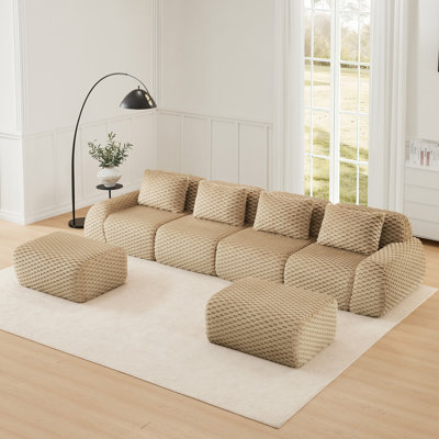 Canapé modulaire sophistiqué en forme de U de 146 po pour le salon 146 po, tissu en flanelle, canapé 4 places surdimensionné avec assise profonde, design sans os, repose-pieds mobile, connexion par boucle, antidérapant, aucun assemblage requis, chameau clair