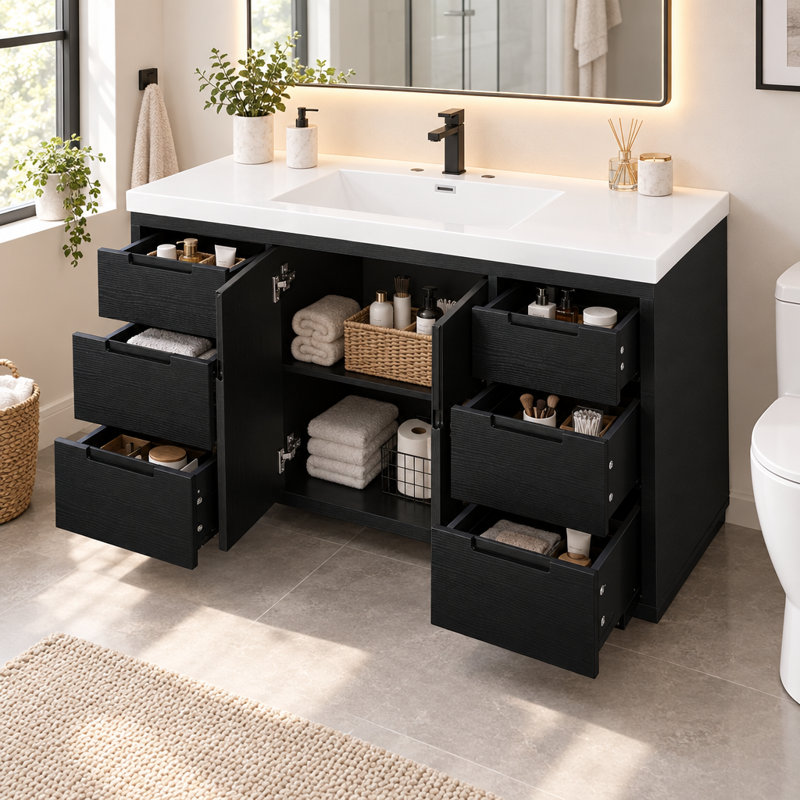 Meuble-lavabo autoportant moderne de 120 cm (47,2 po) avec comptoir en résine SMC, 2 portes d'armoire et 6 tiroirs, glissières de tiroir à fermeture douce dissimulées
