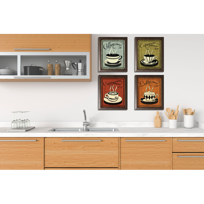 " Classic And Colorful Retro Coffee " by N. Harbick 4 - Pieces, Brown Framed Paper