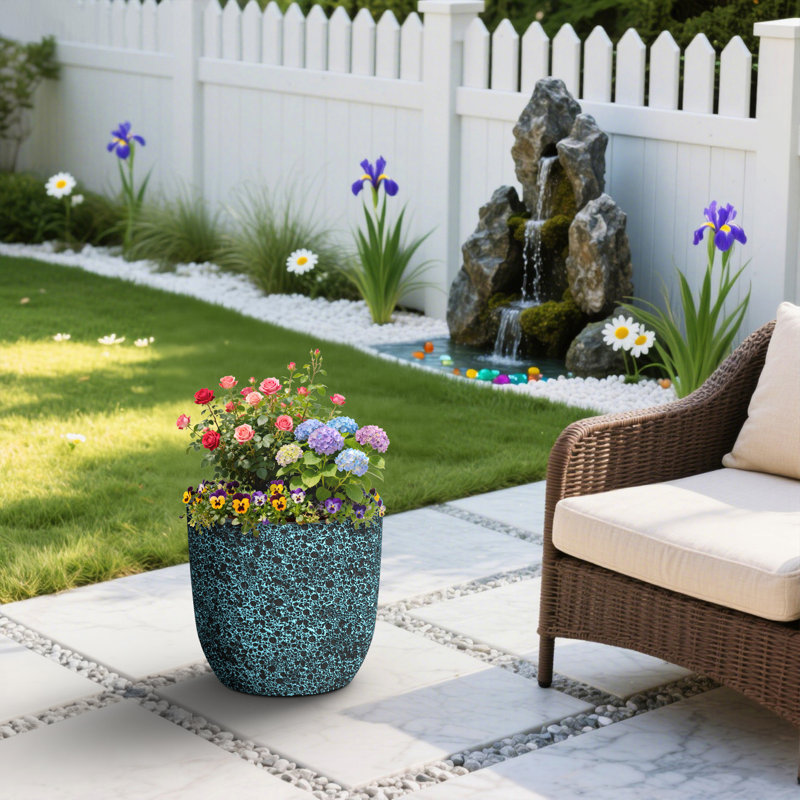 Grande jardinière / pot rond en béton avec trous de drainage pour l'intérieur et l'extérieur 17 po., Turquoise