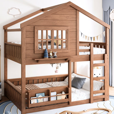Full Size Bunk Bed, Double - Layer, Simulated Windows, And Storage Bookshelf In 's Bedroom Cabin Style, Pine Wood, Enhancing Space For Play Sleep