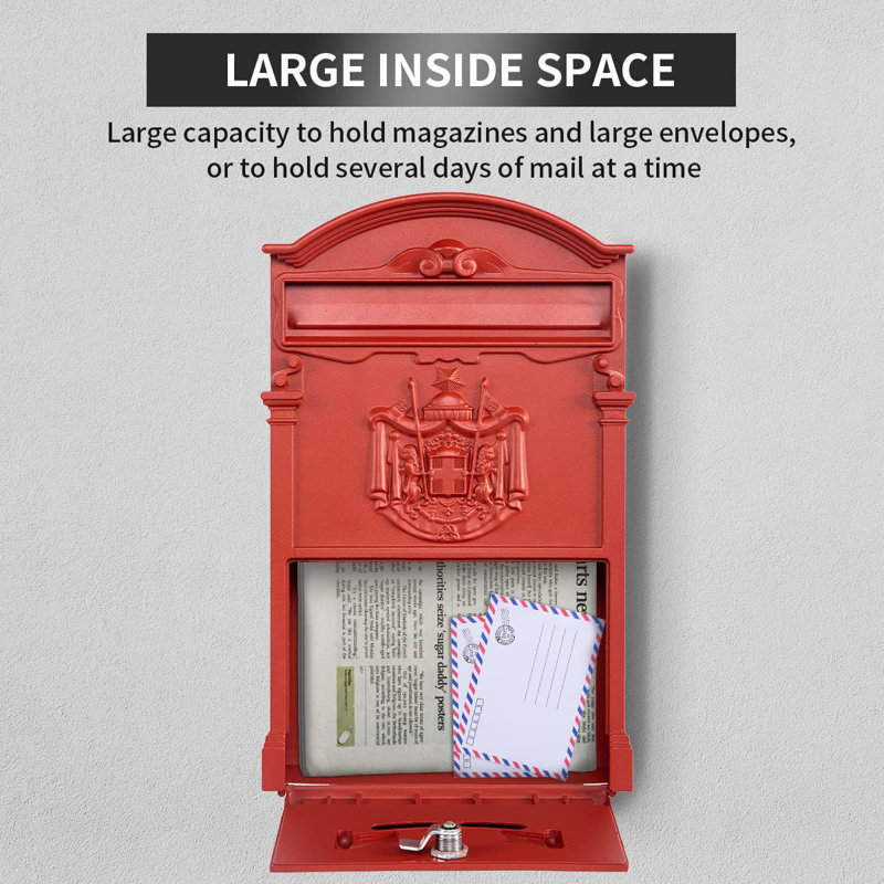 Boîte aux lettres murale, boîte aux lettres de grande capacité pour l'extérieur, boîte aux lettres sécurisée en aluminium et en acier galvanisé à suspendre antirouille, boîte de dépôt de clés de sécurité, rouge 18 po x 11,8 po x 4,9 po