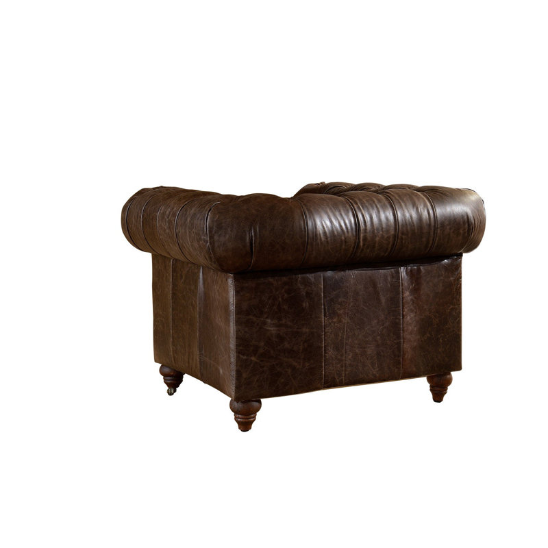 Fauteuil Chesterfield Peppie, Cuir véritable brun foncé