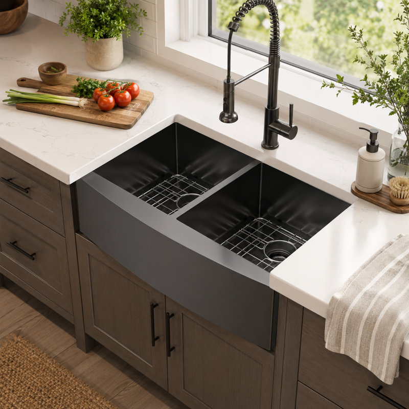 33" L x 21" W Gunmetal Black 50/50 Double Bowl Farmhouse Kitchen Sink, 16-Gauge Stainless Steel Apron Front Sink with Nano Titanium PVD Finish and Accessories