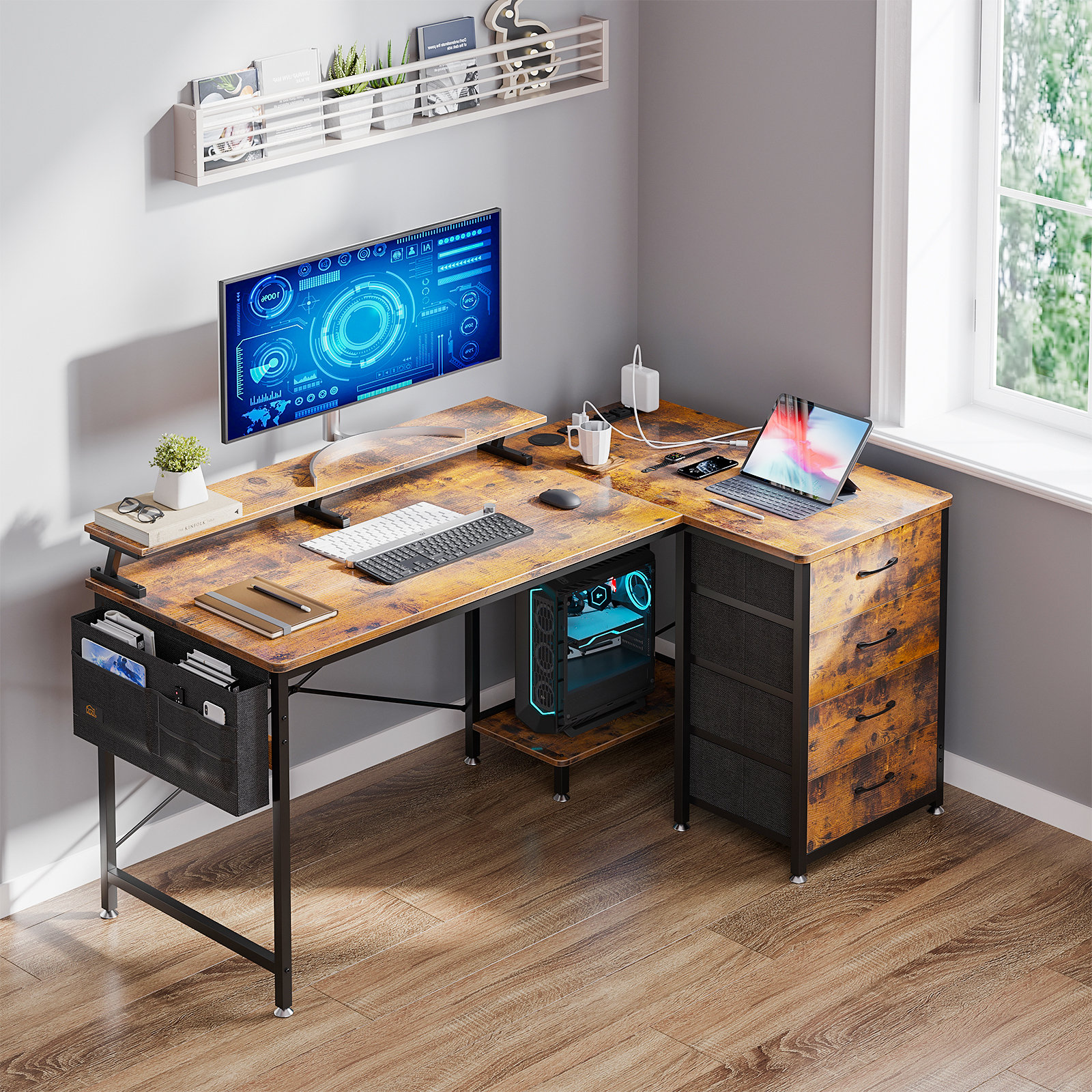 63 Computer Desk with Drawers, Office Desk with Keyboard Tray and