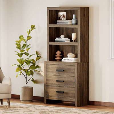 3 Tier Bookshelf With 3 Large Drawer, 74" Tall Modular Bookshelf With Wide Metal Handles, Farmhouse Bookcase Organizer For Living Room, Office, Librar