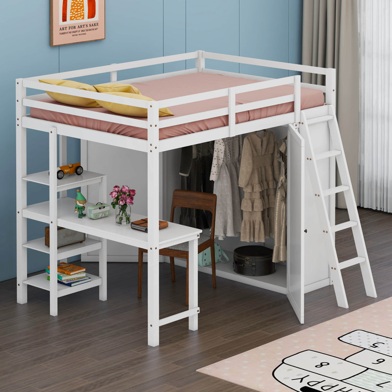 Lit mezzanine avec penderie et bureau Hayah, Double, Blanc
