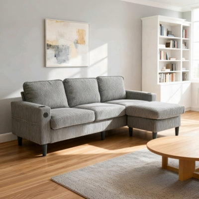 68.5" Gray Chenille L-Shaped Sectional Sofa, Cup Holders & Storage Ottoman, No Assembly