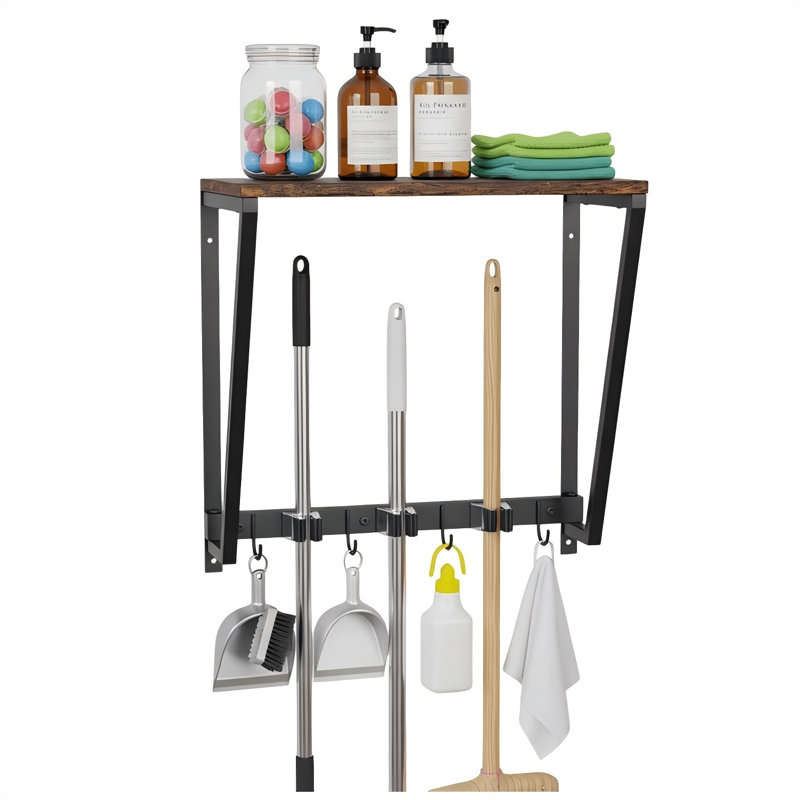 Support mural pour balai avec 3 fentes de rangement, 4 crochets utilitaires, support à vadrouille tout-en-un en bois rustique, organisateur de fournitures de nettoyage et support à outils pour salle de lavage, cuisine, garage, jardin, garde-robe