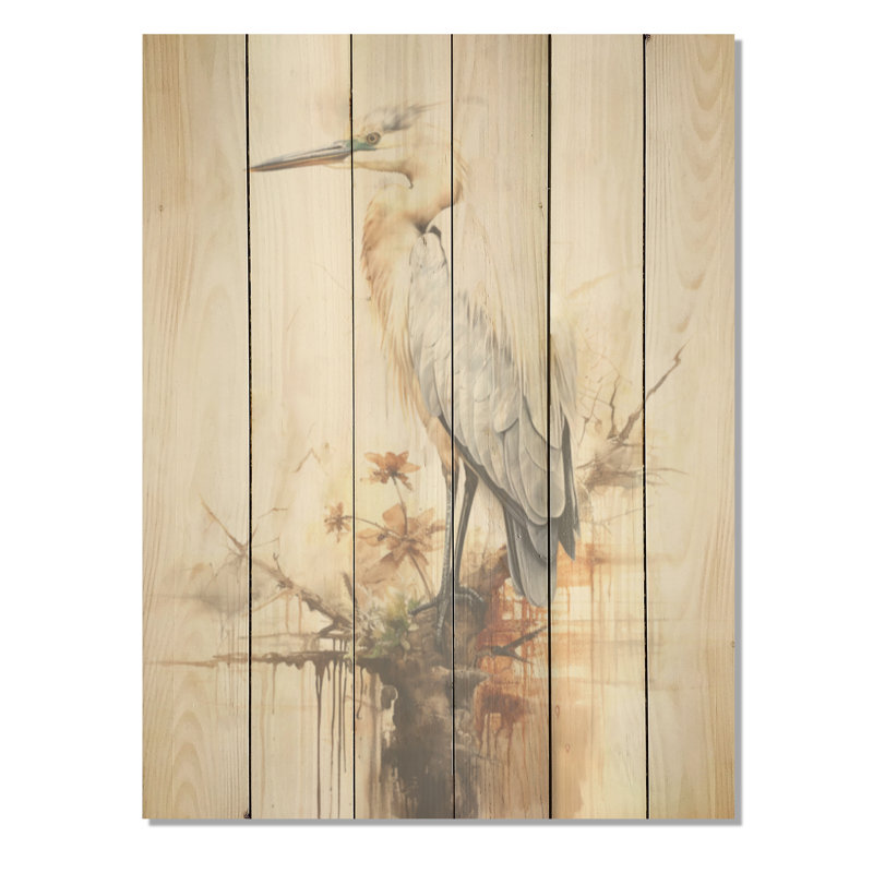 «Majestic Heron Horizon I», art mural sur bois de pin naturel, H 20 po x l 10 po