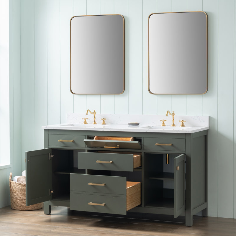 Meuble-lavabo double Ajhane, Vert rétro / or brossé