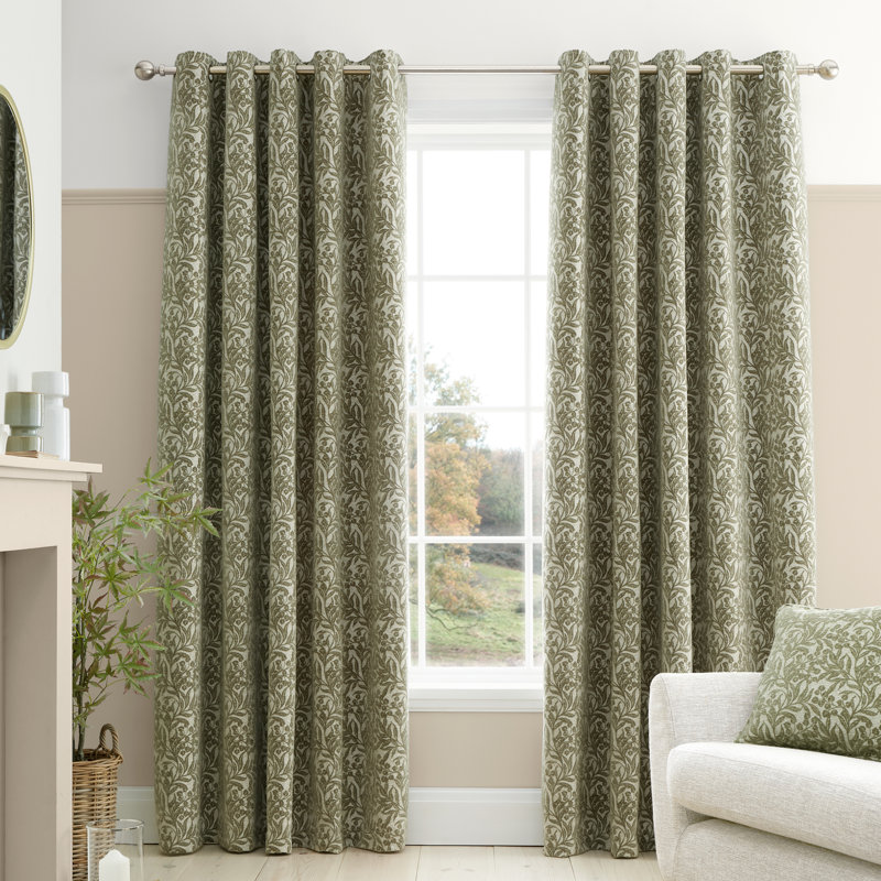 Chenille Leaves Lined Eyelet Curtains, Green, 46x54 Inch