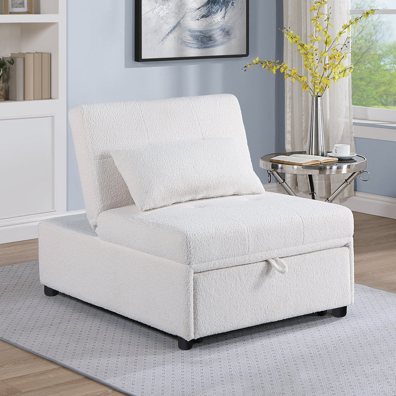 Sherpa Fabric Upholstered Sleeper Sofa Chair, White Fabric