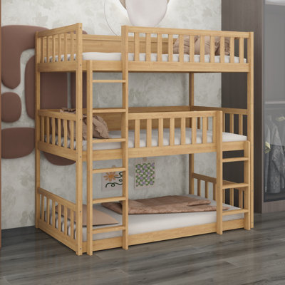 Triple Bunk Bed Featuring Two Ladders, Guardrails and Detachable Configuration