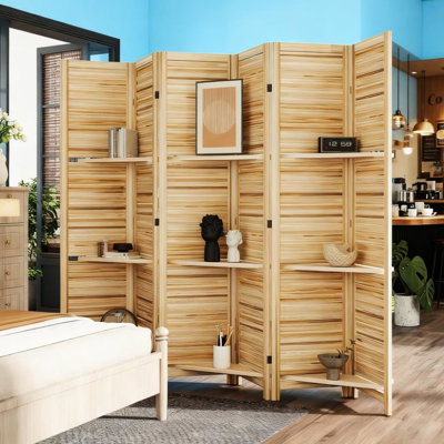 Privacy Screen 6 Panel Freestanding Room Divider With Three Removable Shelves Louvered Design And Steel Hinges Natural Wood