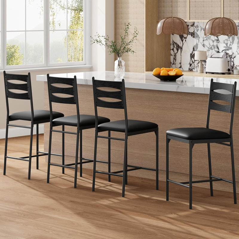 Wooden Bar Stools Set of 4, Faux Leather Seat with Backrest & Footrest, Counter Height, 4, Black