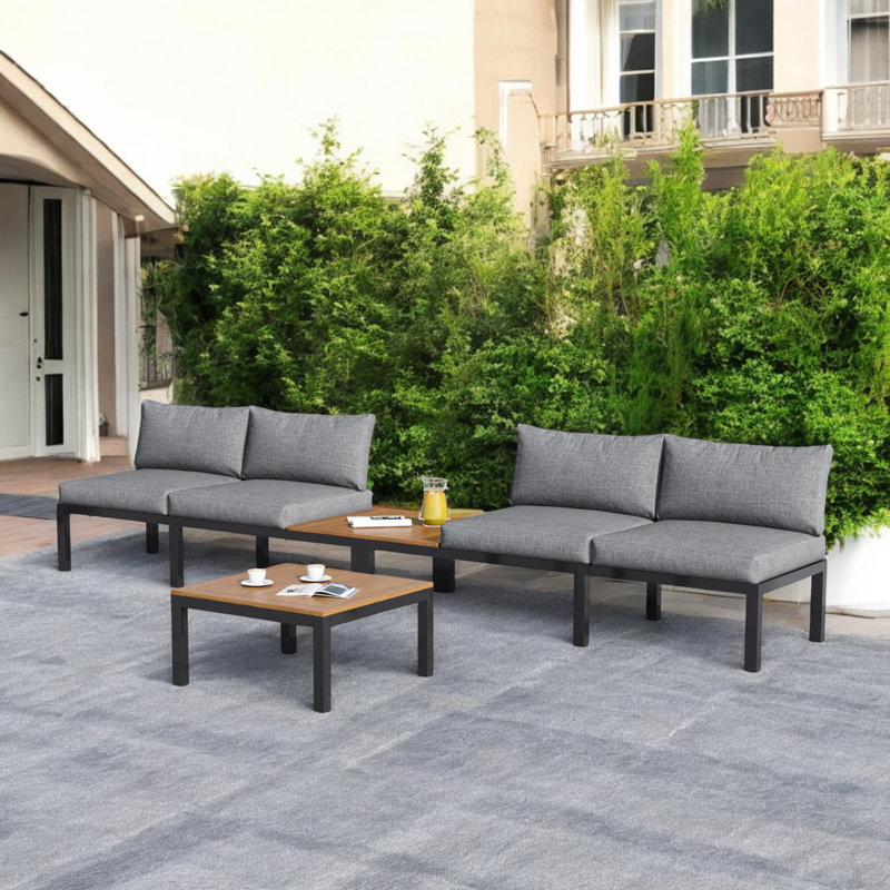 Outdoor Conversation Sets For 4 People L-Shaped Corner Sofa With Wooden Table, Grey/Black