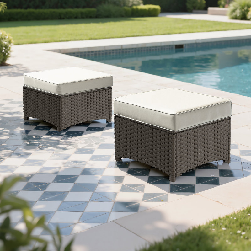 Repose-pieds d'extérieur en osier avec coussins (ensemble de 2), Beige