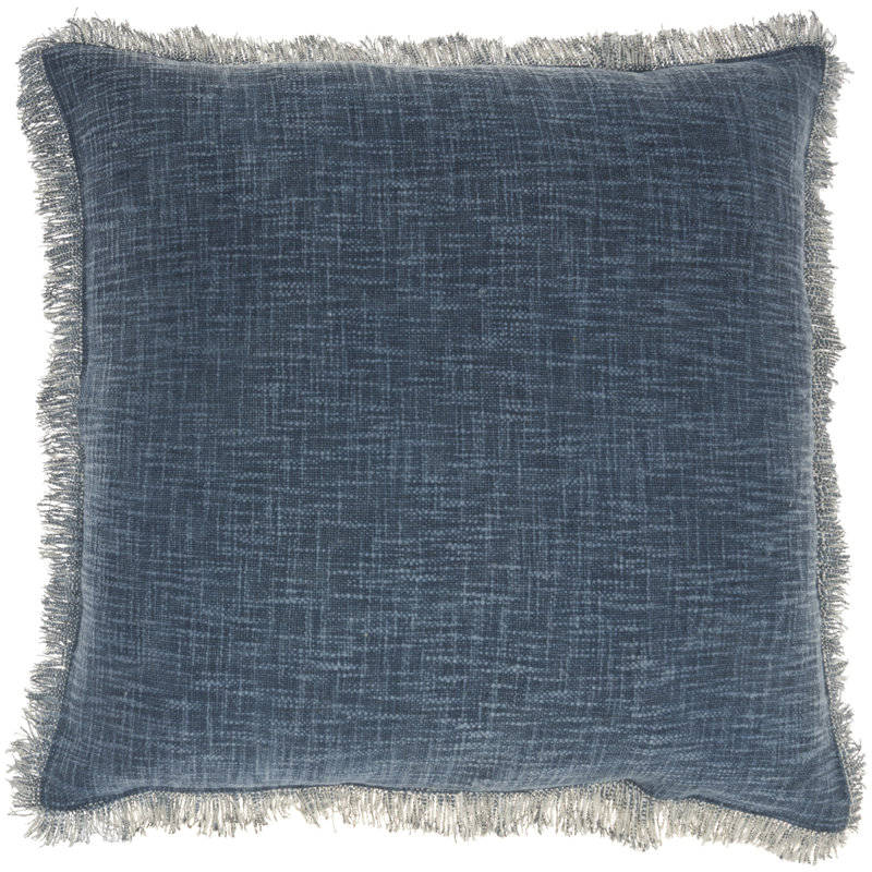 Navy Stonewashed Cotton Fringe 22" Square Throw Pillow