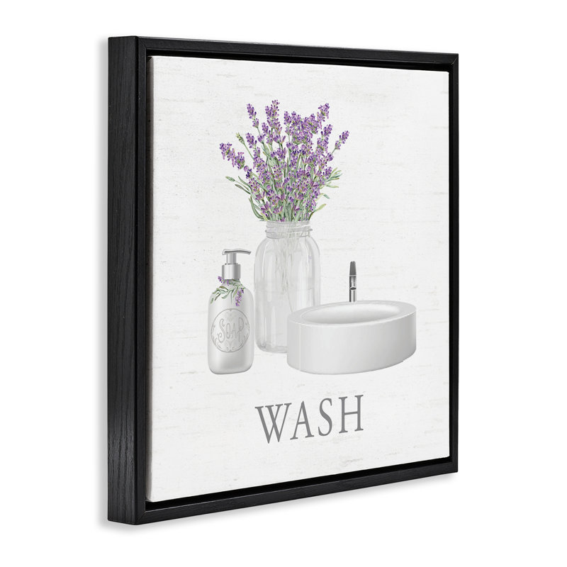 Toile pour salle de bain et brindilles de lavande, art mural encadré flottant, H 18 po x l 18 po, Cadre flottant noir de jais