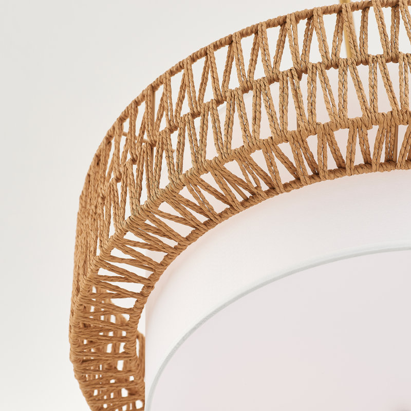 3-Lights Modern Hand-Woven Rattan Chandelier with Linen Drum Shade, Yellow, Brushed Gold