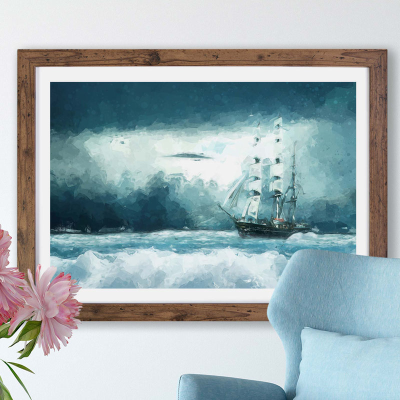 Ship Sailing Over a Stormy Sea - Framed Print, 62cm H x 87cm W x 2cm D, Walnut
