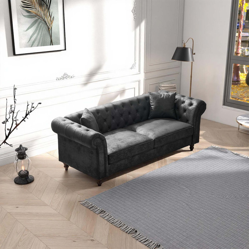 Lunell Chesterfield Sofa with Plush Comfort, Durable Tech Fabric, Brown, 29" H x 63" W x 33" D, 2
