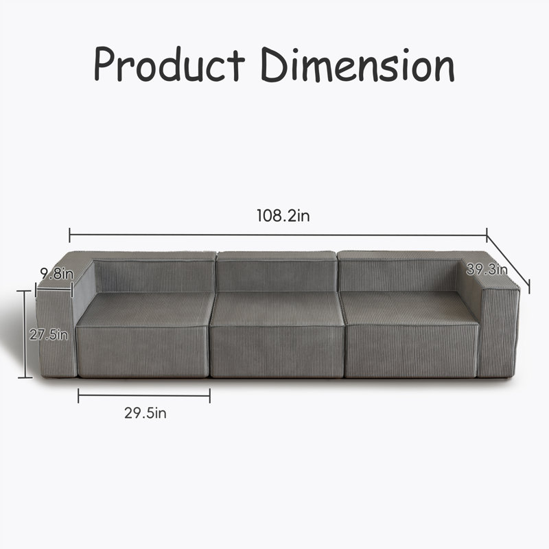 39" Luxury Corduroy Armless Compression Module Sofa No Assembly Required, Gray, No