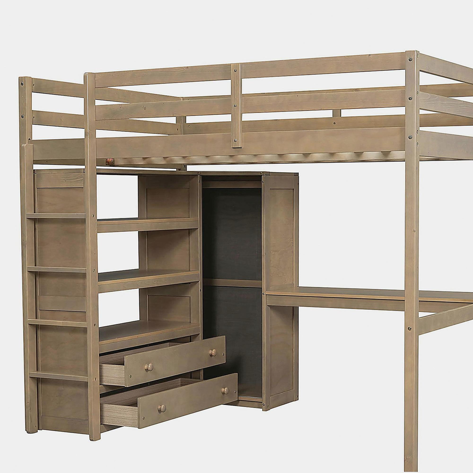 Latitude Run® Wooden Full Size Loft Bed with Built-in Closet, Desk ...