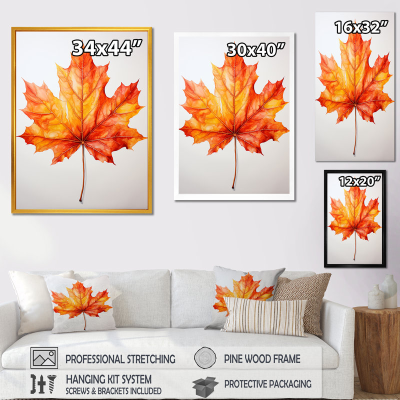 «Orange Maple Leaf Beauty II», art mural érable, H 20 po x l 12 po x P 1 po, Cadre flottant brun