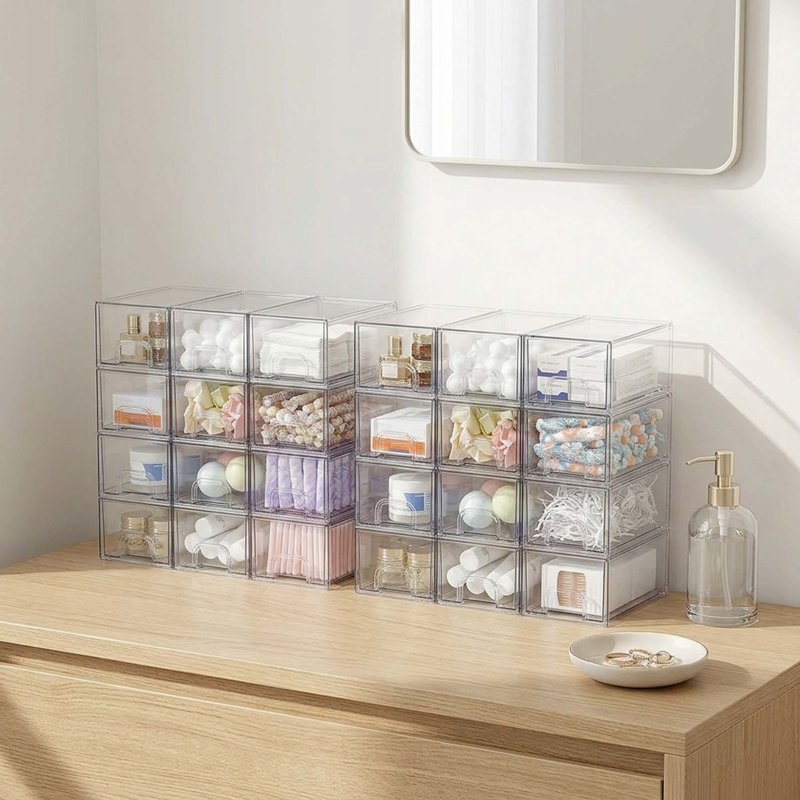 2 tiroirs de rangement empilables transparents, organisateur en acrylique pour salle de bain, meuble-lavabo, sous l'évier et armoires de cuisine
