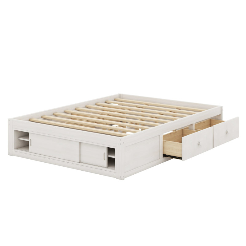 Base de lit plateforme avec rangement spacieux: 4 tiroirs + casier au pied de lit, sans tête de lit, Antique White