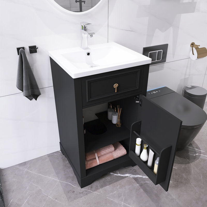 Petit meuble-lavabo autoportant moderne 20 "avec lavabo en céramique, Noir, Doré