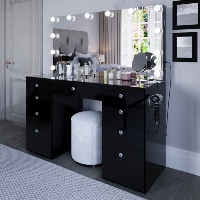 Boahaus Leonore Extra-Large Makeup Vanity, LED Lighted Mirror, USB- C/USB Outlet, 9 Drawers and Glass Top