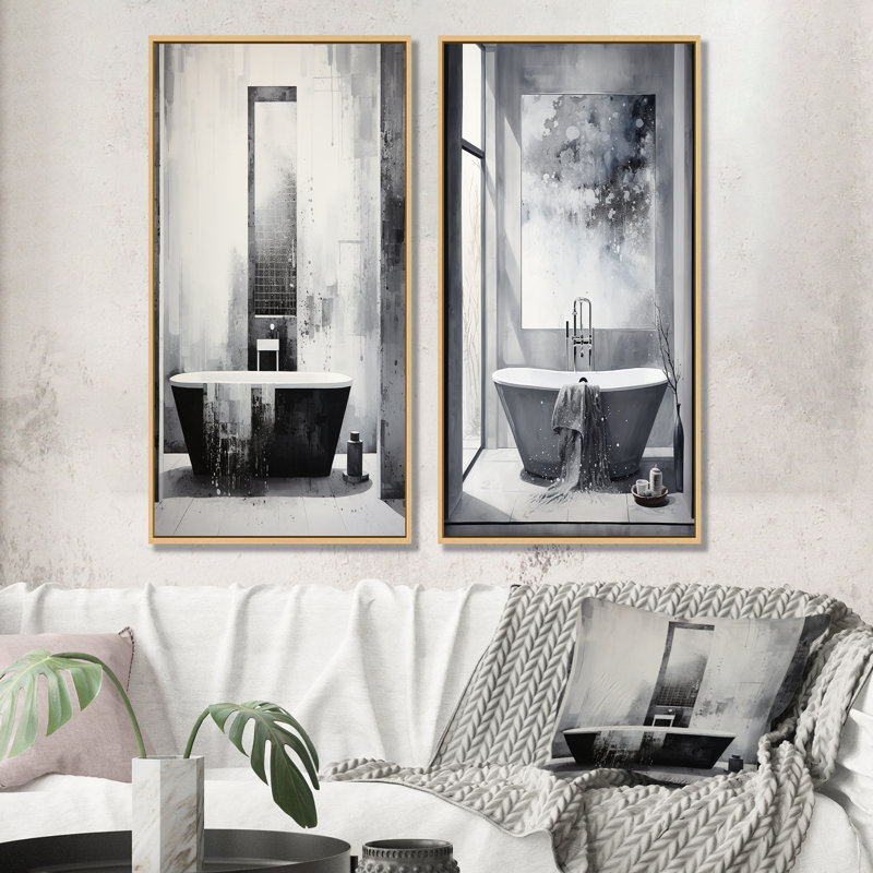«Bathroom Minimalist Elegance I», ensemble d'art mural sur toile 2 pièces, Encadrement brun, H 32 po x l 33 po
