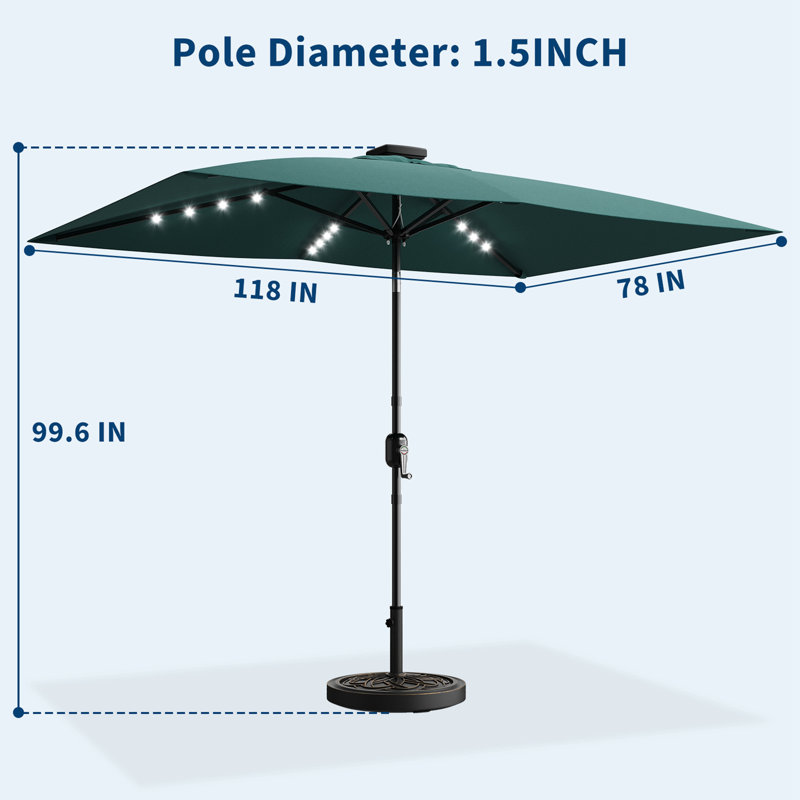 Parasol de marché solaire 10 pi x 6,5 pi à DEL avec manivelle et inclinaison bidirectionnelle, bleu sarcelle, Bleu